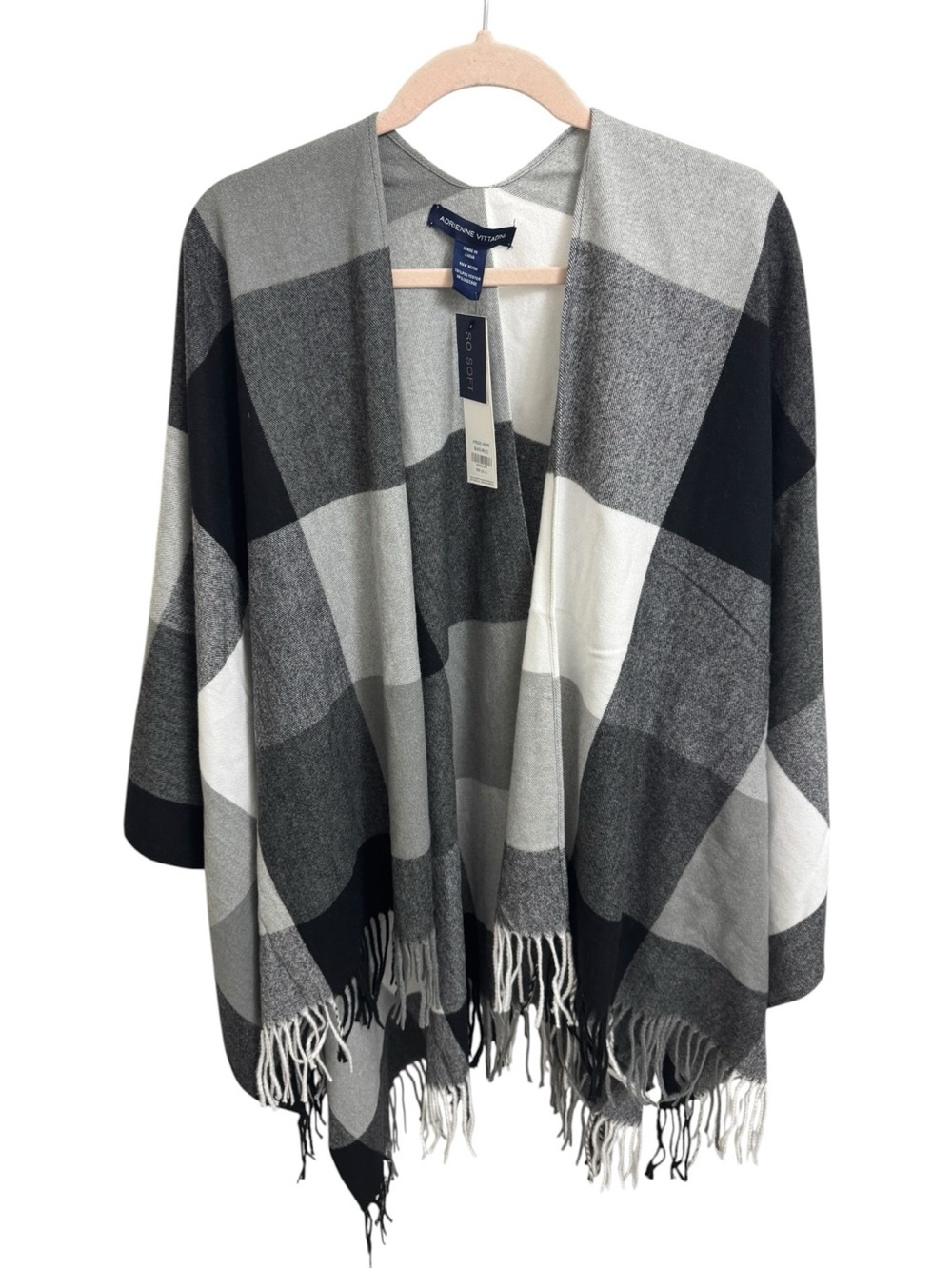 Adrienne Vittadini Soft Colorblock Fringe Black and White Plaid Shawl OS NWT